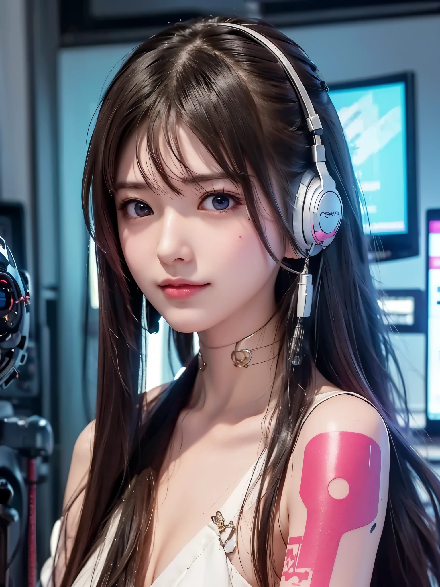high definition 、8k、 best quality、 Details、Semi-realistic anime、3D anime style、 Smooth Anime CG 、 one girl 、 20 year old Japanese woman 、slim、Modeling、 shiny hair、 Detailsな顔、Beautiful and Details、 Glowing Skin、 Hard Focus 、film grain、 soft writing 、 Looking Here、smile、(( background is a cyberpunk style room with many monitors.......、 costumes are corded 、 long hair color pink 、Headset on、 small tattoo on face 、Female DJ、 staring at the viewer ))