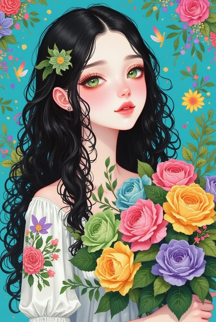 A beautiful girl with long, curly hair, big eyes, and gorgeous flowers in her hand - pink, green, yellow, blue, and purple roses. Colorful fantasy colors in a colored pencil drawing, in the style of anime, with high resolution, delicate details, and a colorful background in a fantasy style. Bright, colorful, and cute, with a pink blush, green eye shadow, a floral dress, and a dreamy, princess-like atmosphere.