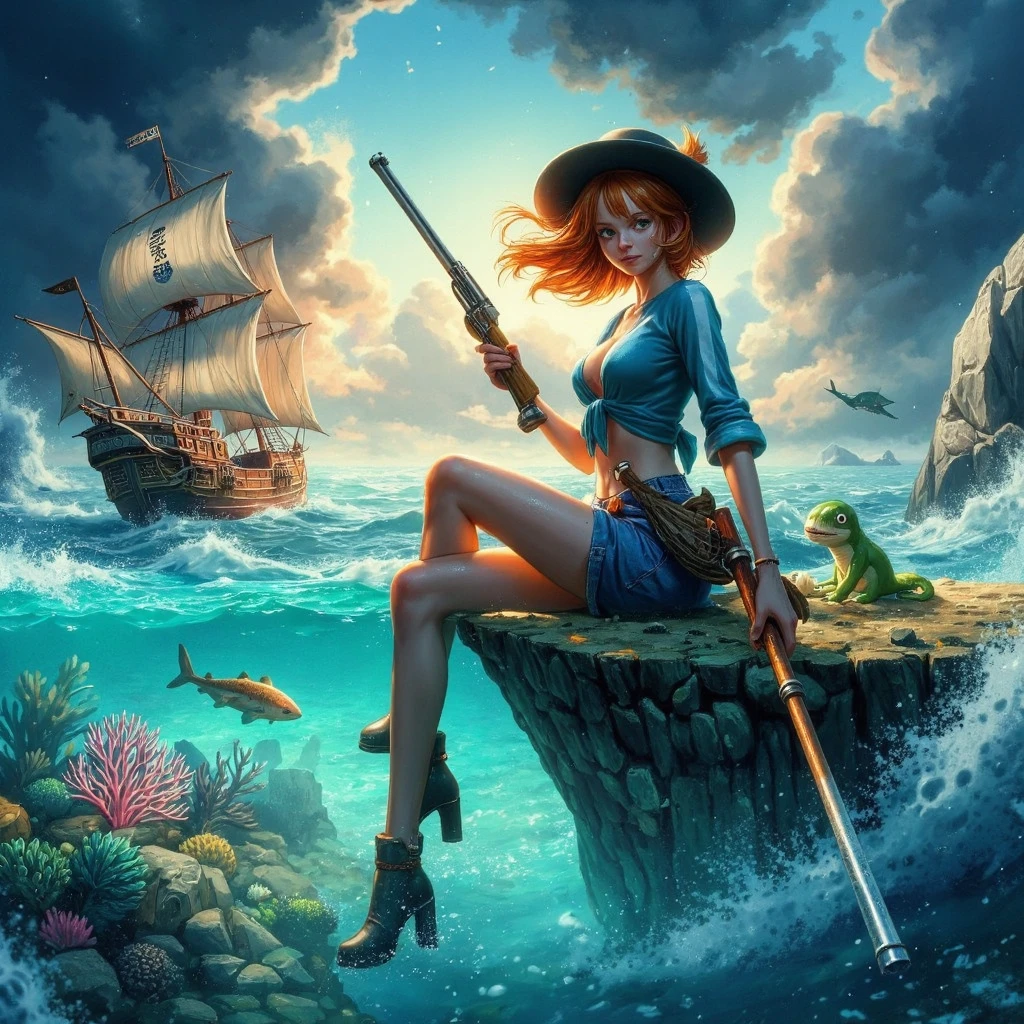 full-lenght portrait of a nami from one piece wearing a white and blue stripped t shirt and orange short skirt holding a fintlock pistol crossing split sea, the split sea from moses, random pose, (wet), translucent ocean, pirate sailboat, fish, coral, whale, shark, (darkest sky, thunder storm, realistic, beach, cloud, stone, scenery, wading, (devil island, floating_island), looking_at_viewer, air bubble, caustics, plant, scenery, shark, (surreal), wave, age_of_piracy