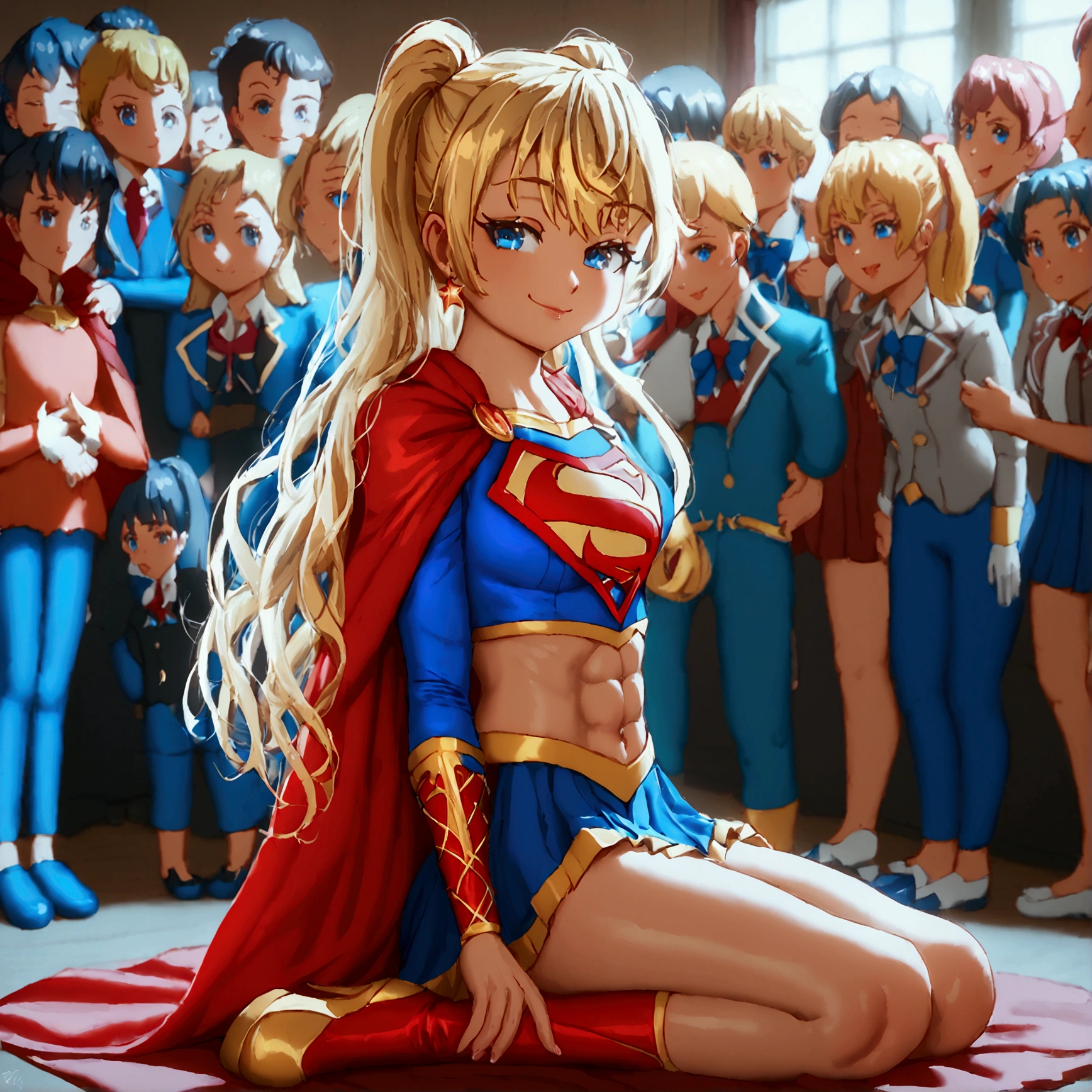 tall  supergirl, detailed, loli，golden  Double ponytail hair, supergirl，huge breast，abs，very detailed，full body，red skirt，red high  heel boots ，red cape，Concept art of a smug Supergirl welcoming the adoration of her fans. A crowd of amazed onlookers gawk at her. Blue skater satin skirt with pointed golden waistband. She has long, straight, silky blonde hair and bright blue eyes. Delicate, feminine face. Her costume has a satin sheen. She wears a majestic red cape. Blue shirt with a prominent 'S' emblem over her chest. Her MIDRIFF with toned abs is showing. 1st grade elementary school, 1 princess baby face, It's pretty and cute,pretty, shoes, house ,bed, full shot, Turn around and look at my butt, lying down, lying down,kneel and sit ,full photo