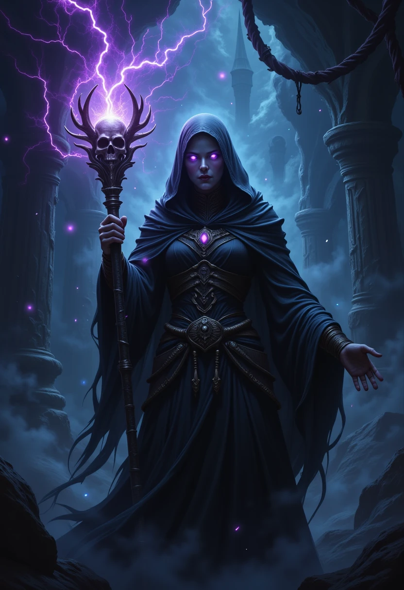 Magic style, nightmare, "Illustrate a powerful dark sorceress in a black hooded cloak, gripping a skull-topped staff charged with glowing purple and blue energy. Her glowing eyes match the color of the lightning sparking from the staff, while her expression is both cold and menacing. The background should be a gloomy, mystical setting, filled with swirling mist and deep shadows, emphasizing her connection to dark magic and supernatural forces."