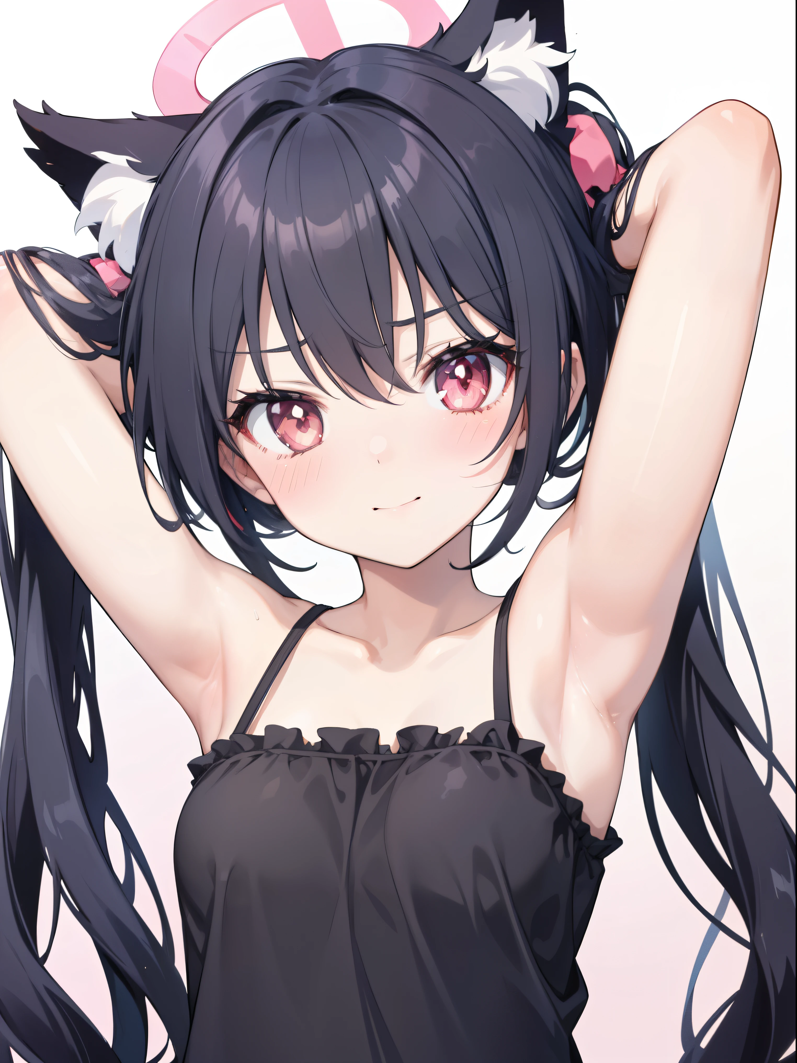 chromicerica 、 Cool girl (,  perfect face), independent ,  looking at camera, masterpiece,  anime art style ,  in plain clothes,  most detailed,  High Quality 、Smiling face、Sideshow、 black hair、 twin tails、Cat ears