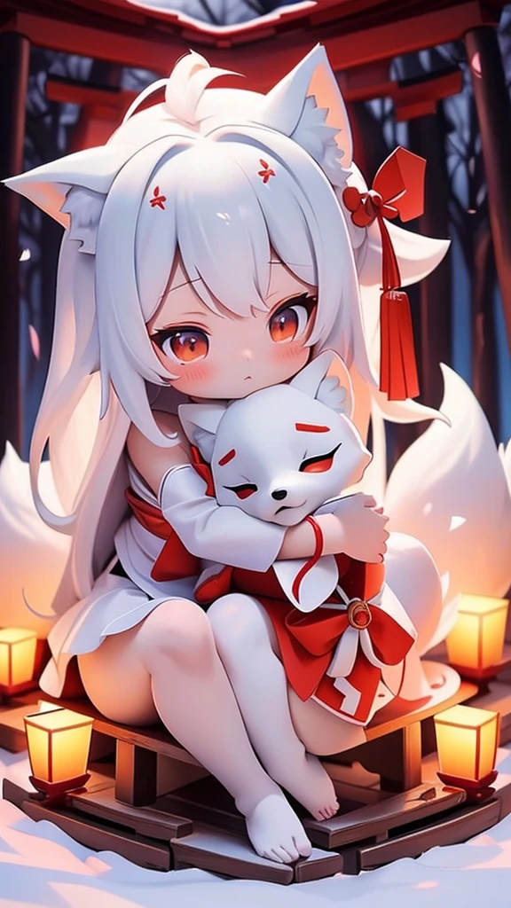 8k ⒉ 5DJapanese Pornographic Inari Shrine at Dusk A beautiful young-faced girl dressed in a miko costume cuddling next to a large pure white-haired fox in a bright vermilion torii arranged side by side at the back of a plurality of layers