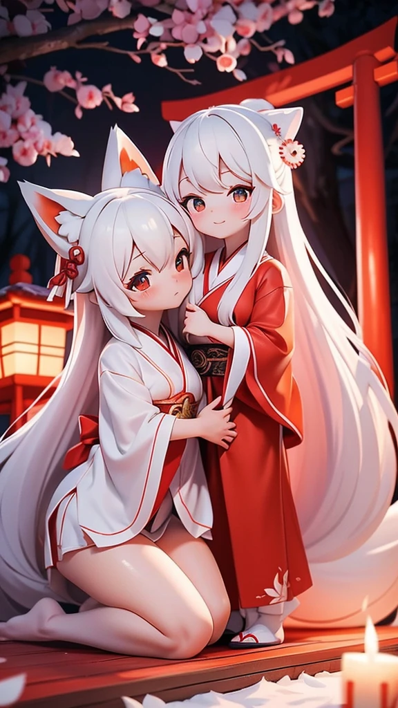 8k ⒉ 5DJapanese Pornographic Inari Shrine at Dusk A beautiful young-faced girl dressed in a miko costume cuddling next to a large pure white-haired fox in a bright vermilion torii arranged side by side at the back of a plurality of layers