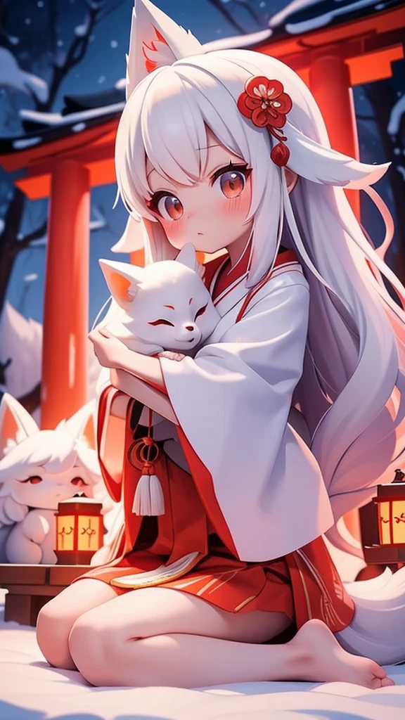 8k ⒉ 5DJapanese Pornographic Inari Shrine at Dusk A beautiful young-faced girl dressed in a miko costume cuddling next to a large pure white-haired fox in a bright vermilion torii arranged side by side at the back of a plurality of layers