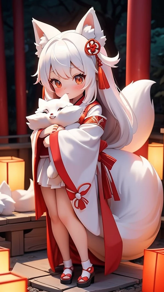 8k ⒉ 5DJapanese Pornographic Inari Shrine at Dusk A beautiful young-faced girl dressed in a miko costume cuddling next to a large pure white-haired fox in a bright vermilion torii arranged side by side at the back of a plurality of layers