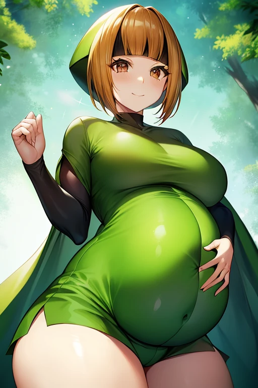 masterpiece、highest quality、Pokémon、nathan、Colossal breasts mature pregnant woman、Colossal breasts mature pregnant woman、colorful hair、green capellet、（（（green cape）））+++、（（（green cape）））+++、（（（green cape）））+++、black shirt、long sleeve、abdomen、belt、orange shorts、big breasts、Upper body、smile、look at viewer、third trimester of pregnancy, Wrinkled between the eyebrows、forest、bee、garden、flower