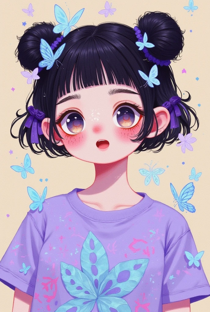 A cute girl with blue butterflies in her hair, wearing light purple and sky-blue t-shirts, in a flat illustration style, with vector illustrations, simple lines, and a simple background. The colors are fluorescent, with soft lighting and bright colors, and soft shadows. The style is reminiscent of anime art, with a kawaii pop aesthetic. The image is high resolution, a digital painting with sharp focus and high details, resulting in a hyper-quality appearance.