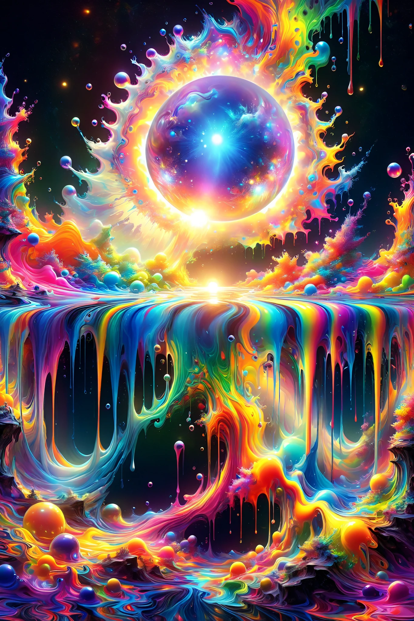 A psychedelic dream, vibrant colors shimmering, glass morphing from colors, intricate rainbow patterns, perfectly formed symmetrical spheres and glowing reflective bubbles, attention to detail on the bubbles and spheres, rainbows of color twisted in and out of translucent orbs, spilled paint and spirals of swirling color in the background, beautiful psychedelic digital art, pixel art, neon colors, 4d mandelbulb psychedelics, glass-like psychedelic landscape, intricate rainbow environment, psychedelic underwater brightness, trails of color and light, bright fluorescent colors, psychedelic vibrant colors, bright psychedelic neon colors, colorful paint drips out of the bubbles, 3D glass spheres melting into each other spilling out colors, visually disorienting, hallucination inducing, optical illusions, startling, stunning images, awe-inspiringly, best quality wallpaper, pixel assets, portrait photography, surrealism, photorealistic, hyperdetailed, glass morphism, digital art, sparkle, optical illusion, glowing light, reflection light, overexposure, god rays backlighting, depth of field, rotational symmetry, UHD, high details, high quality, super detailed, best quality, award winning, masterpieceBrilliant images of pure light emerging from vibrant colors in a psychedelic dream, shimmering glass morphing out of colors, tripped out detailed patterns in all colors, perfectly formed symmetrical spheres and glowing reflective bubbles, attention to detail on the bubbles and spheres, rainbows of color twisted in and out of translucent orbs, background is spilled paint and spirals of swirling colour, beautiful psychedelic digital art, pixel art, neon colors, 4d mandelbulb psychedelics, glass like psychedelic landscape, intricate rainbow environment, psychedelic underwater brightness, LSD,DMT, Psilocybin, Mescaline, trails of color and light, bright fluorescent colors, psychedelic trip, fluorescent psychedelic aesthetic, psychedelic vibrant colors, bright psychedelic neon color