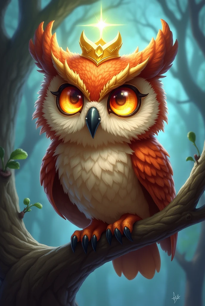  There is a picture of an owl perched on a branch, Shining Owl,  The Wizard of Owls , Shining Owl,  Cute Owl , , The smartest of all owls, Shining Owls,  Mechanical Owl , owl wings ,  Astori Lone ,  Hearthstone coloring style ,  Alien Owl ,  Hearthstone Card Art , Owl's Crown  ,  cute detailed digital art 