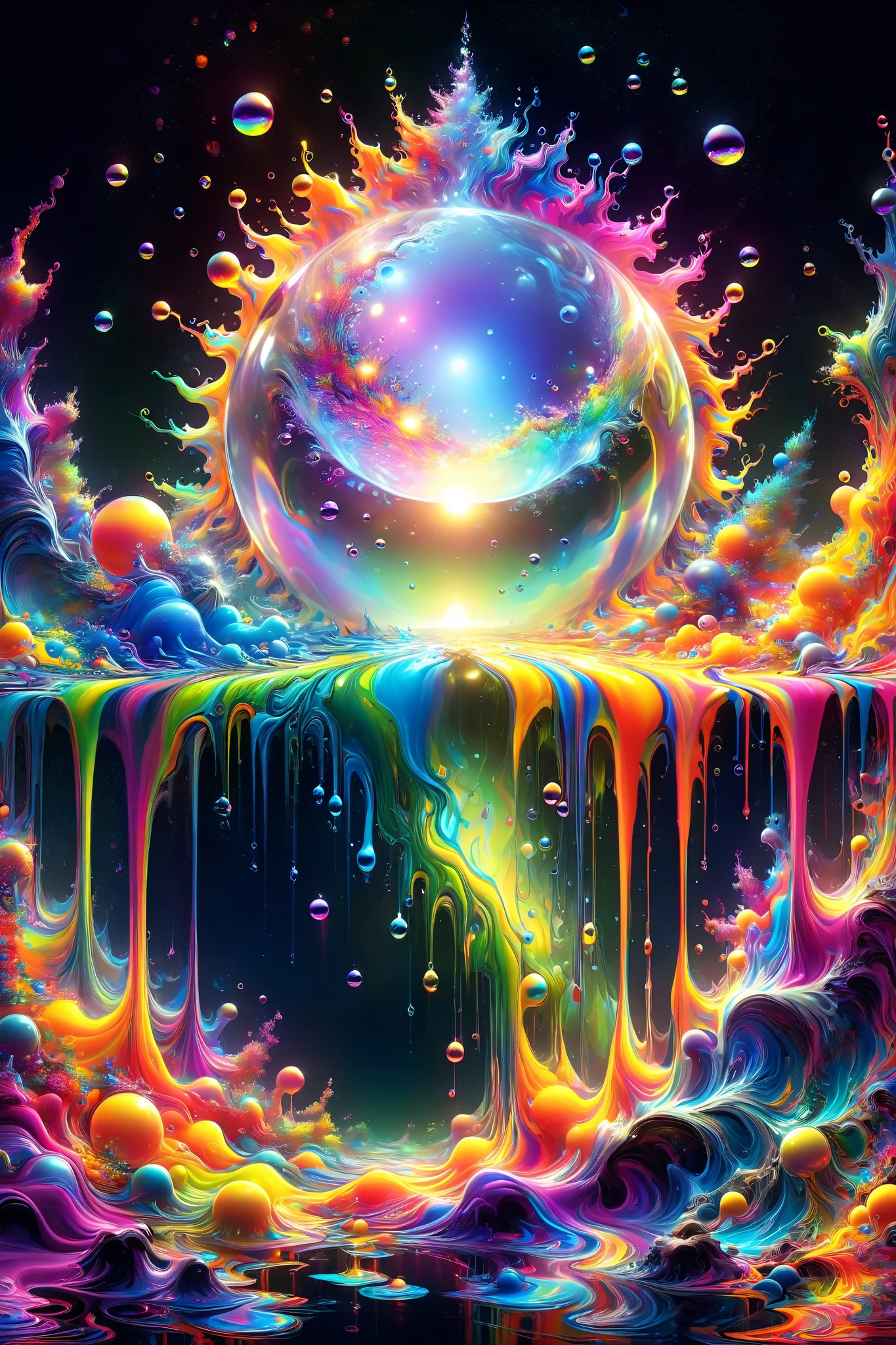 A psychedelic dream, vibrant colors shimmering, glass morphing from colors, intricate rainbow patterns, perfectly formed symmetrical spheres and glowing reflective bubbles, attention to detail on the bubbles and spheres, rainbows of color twisted in and out of translucent orbs, spilled paint and spirals of swirling color in the background, beautiful psychedelic digital art, pixel art, neon colors, 4d mandelbulb psychedelics, glass-like psychedelic landscape, intricate rainbow environment, psychedelic underwater brightness, trails of color and light, bright fluorescent colors, psychedelic vibrant colors, bright psychedelic neon colors, colorful paint drips out of the bubbles, 3D glass spheres melting into each other spilling out colors, visually disorienting, hallucination inducing, optical illusions, startling, stunning images, awe-inspiringly, best quality wallpaper, pixel assets, portrait photography, surrealism, photorealistic, hyperdetailed, glass morphism, digital art, sparkle, optical illusion, glowing light, reflection light, overexposure, god rays backlighting, depth of field, rotational symmetry, UHD, high details, high quality, super detailed, best quality, award winning, masterpieceBrilliant images of pure light emerging from vibrant colors in a psychedelic dream, shimmering glass morphing out of colors, tripped out detailed patterns in all colors, perfectly formed symmetrical spheres and glowing reflective bubbles, attention to detail on the bubbles and spheres, rainbows of color twisted in and out of translucent orbs, background is spilled paint and spirals of swirling colour, beautiful psychedelic digital art, pixel art, neon colors, 4d mandelbulb psychedelics, glass like psychedelic landscape, intricate rainbow environment, psychedelic underwater brightness, LSD,DMT, Psilocybin, Mescaline, trails of color and light, bright fluorescent colors, psychedelic trip, fluorescent psychedelic aesthetic, psychedelic vibrant colors, bright psychedelic neon color