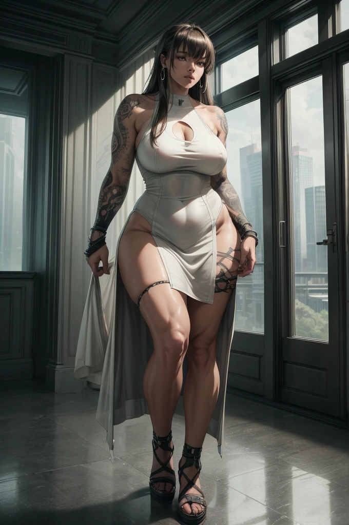 a tall futanari with muscular and sexy curvy body, slim waist and wide hips, wearing a long white transparent dress, large penis, full body and empowered sexy pose, long hair with bangs, cute and sexy appearance, tattoos and scars on body, piercings and hoop earrings, (Futuristic), (futanari), (trap), (best quality,4k,8k,highres,masterpiece:1.2),ultra-detailed,(realistic,photorealistic,photo-realistic:1.37),hyper detailed, cinematic lighting, vibrant colors, 8k, extremely detailed, highly detailed, intricate details