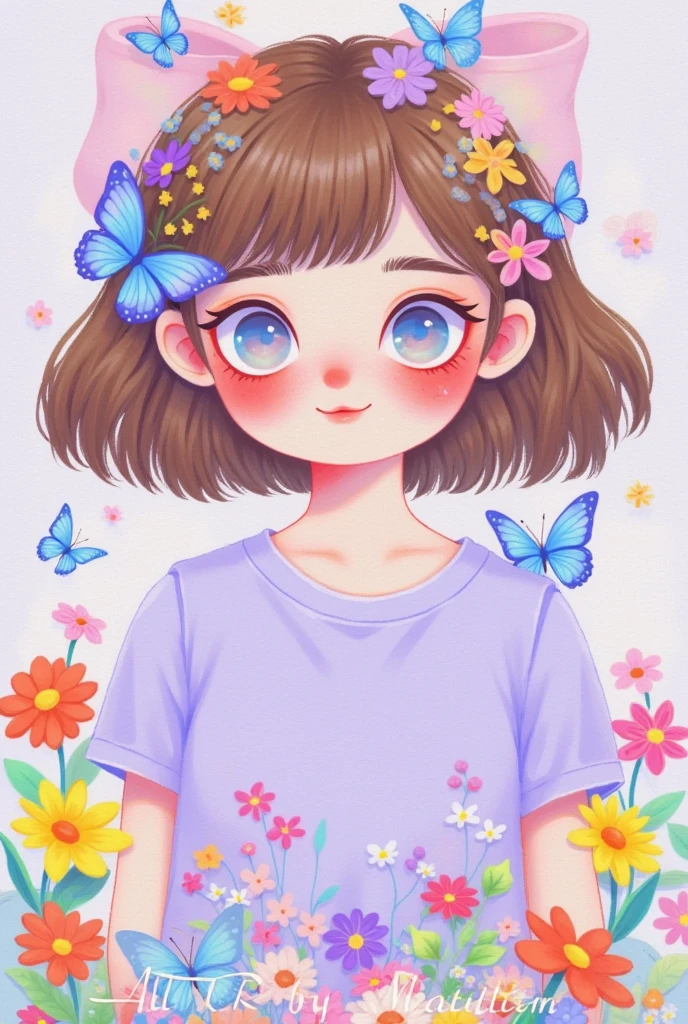 A cute girl with blue butterflies in her hair, wearing light purple and sky-blue t-shirts, in a flat illustration style, with vector illustrations, simple lines, and a simple background. The colors are fluorescent, with soft lighting and bright colors, and soft shadows. The style is reminiscent of anime art, with a kawaii pop aesthetic. The image is high resolution, a digital painting with sharp focus and high details, resulting in a hyper-quality appearance.