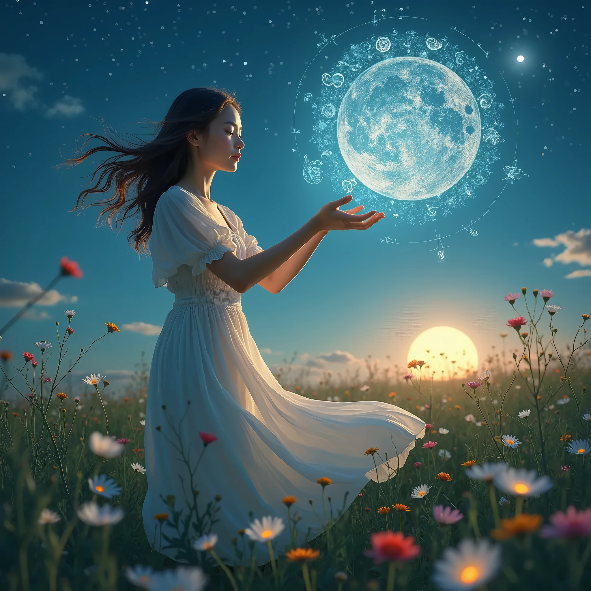  Beautiful Girl Beautiful Pretty in a Light Summer Outfit ,  Draws in the Air With Her Fingers With Beautiful Seaart Font Seaart Magic Is Lighted With Beautiful Letters Against The Background Of A Meadow With Flowers Darkness,  When You Can See the Moon , Stars Appear , beautiful view ,  Complex Details , 8 k, masterpiece, 16K,  digital processing ,  best quality , fantasy, Fantasy, bright colors, contrast, 