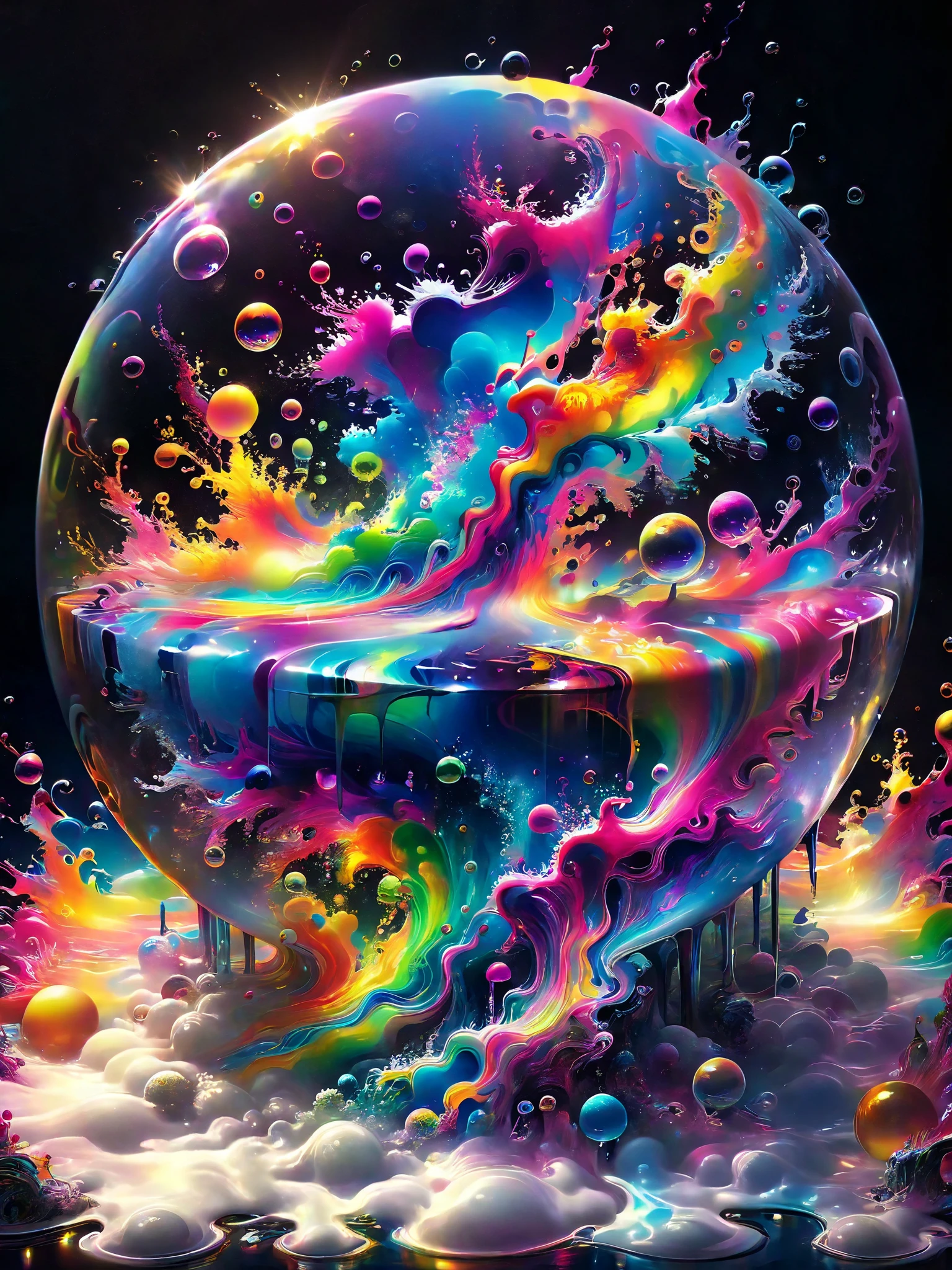 A psychedelic dream, vibrant colors shimmering, glass morphing from colors, intricate rainbow patterns, perfectly formed symmetrical spheres and glowing reflective bubbles, attention to detail on the bubbles and spheres, rainbows of color twisted in and out of translucent orbs, spilled paint and spirals of swirling color in the background, beautiful psychedelic digital art, pixel art, neon colors, 4d mandelbulb psychedelics, glass-like psychedelic landscape, intricate rainbow environment, psychedelic underwater brightness, trails of color and light, bright fluorescent colors, psychedelic vibrant colors, bright psychedelic neon colors, colorful paint drips out of the bubbles, 3D glass spheres melting into each other spilling out colors, visually disorienting, hallucination inducing, optical illusions, startling, stunning images, awe-inspiringly, best quality wallpaper, pixel assets, portrait photography, surrealism, photorealistic, hyperdetailed, glass morphism, digital art, sparkle, optical illusion, glowing light, reflection light, overexposure, god rays backlighting, depth of field, rotational symmetry, UHD, high details, high quality, super detailed, best quality, award winning, masterpieceBrilliant images of pure light emerging from vibrant colors in a psychedelic dream, shimmering glass morphing out of colors, tripped out detailed patterns in all colors, perfectly formed symmetrical spheres and glowing reflective bubbles, attention to detail on the bubbles and spheres, rainbows of color twisted in and out of translucent orbs, background is spilled paint and spirals of swirling colour, beautiful psychedelic digital art, pixel art, neon colors, 4d mandelbulb psychedelics, glass like psychedelic landscape, intricate rainbow environment, psychedelic underwater brightness, LSD,DMT, Psilocybin, Mescaline, trails of color and light, bright fluorescent colors, psychedelic trip, fluorescent psychedelic aesthetic, psychedelic vibrant colors, bright psychedelic neon color