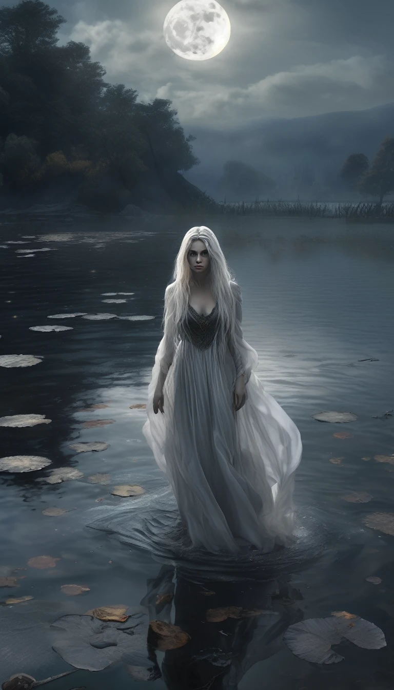 a death elf, female, wispy long hair, pitch black eyes, porcelain white skin, lots of dark veins, sheer dark dress billowing in an evil wind, her feet hover over a lake, zombies slowly emerge from the lake to serve her, moonlit night, fantasy, dark fantasy, gothic, dramatic lighting, moody, cinematic, highly detailed, intricate, photorealistic, 8k, masterpiece, (best quality, 4k, 8k, highres, masterpiece:1.2), ultra-detailed, (realistic, photorealistic, photo-realistic:1.37), HDR, UHD, studio lighting, ultra-fine painting, sharp focus, physically-based rendering, extreme detail description, professional, vivid colors, bokeh
