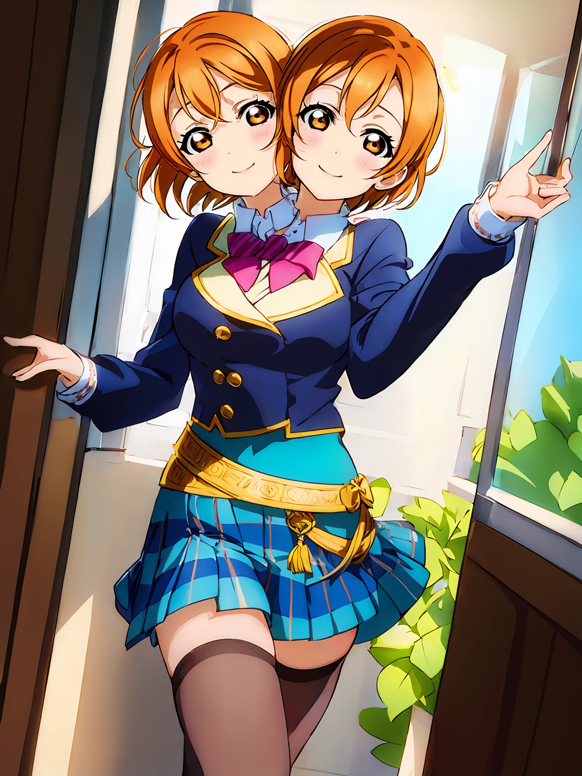 (masterpiece, best quality), best resolution, (2heads:1.5), 1girl, solo, close-up, school uniform, school girl, LLChar, Hoshizora Rin, Koizumi Hanayo, in the classroom, beautiful detailed eyes, beautiful detailed lips, extremely detailed face, long eyelashes, cute, smiling, happy, dynamic pose, 8k, cinematic lighting, vibrant colors, intricate details