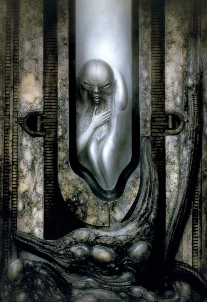 H. R. Giger's g1g3r, , Giger_style, H. R. Giger's g1g3r, , Giger_style, The image is a detailed view of H.R. Giger's \" Aleph (work 210) \" plate, featuring   vault , a surrealistic depiction digital artwork featuring a stone temple with pilots, with a human-like figure in the foreground. By giger in gigeresqe style  a prominent presence of the alien figure, which appears to be an extraterrestrial. By giger in gigeresqe style  (best quality:1.4), anatomically correct limbs, (Triadic:1.1), (Proportion:1.1),  , (Reflected light:1.2), Parchment, ultra detailed, intricate,, dry b (best quality:1.4), H.R. GIGER,  BY GIGER