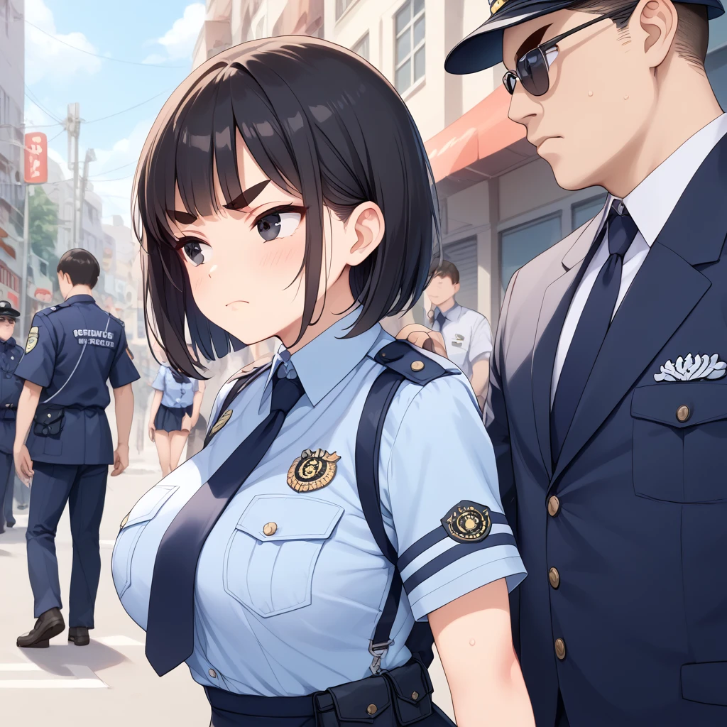 (best quality),(high resolution),crowded street,from side,zoom out,1 girl,1 man,girl is wearing a police uniform,She is ite frame and large breasts,girl is black hair and bob cut,girl is black eyes and Thick eyebrows,man is feceless male,man is skin suit,girl and man face each other,girl is scowl