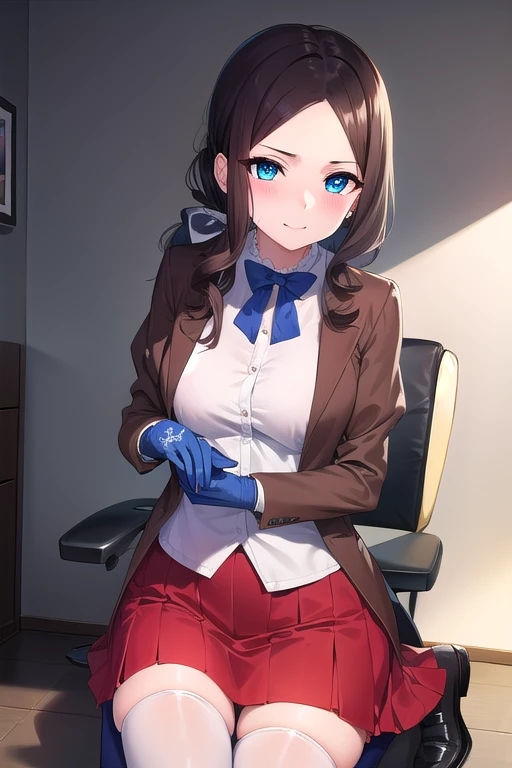 leonardo da vinci rider, blue eyes, brown hair, long hair, parted bangs,
BREAK (black footwear, brown jacket, elbow gloves, gloves, jacket, loafers, blue gloves, metal gloves, pantyhose, red skirt, shoes, skirt, puffy sleeves, thighhighs, blue thighhighs:1.2),
BREAK smile, angry, (looking at viewer:1.1),
BREAK (sitting chair:1.1), (placing hand on knee:1.2), 
BREAK (from front:1.1), (cowboy shot:1.2),
BREAK (indoor, Infirmary, white room, chair:1.2),
BREAK (masterpiece:1.2), best quality, high resolution, unity 8k wallpaper, (illustration:0.8), (beautiful detailed eyes:1.6), extremely detailed face, perfect lighting, extremely detailed CG, (perfect hands, perfect anatomy),