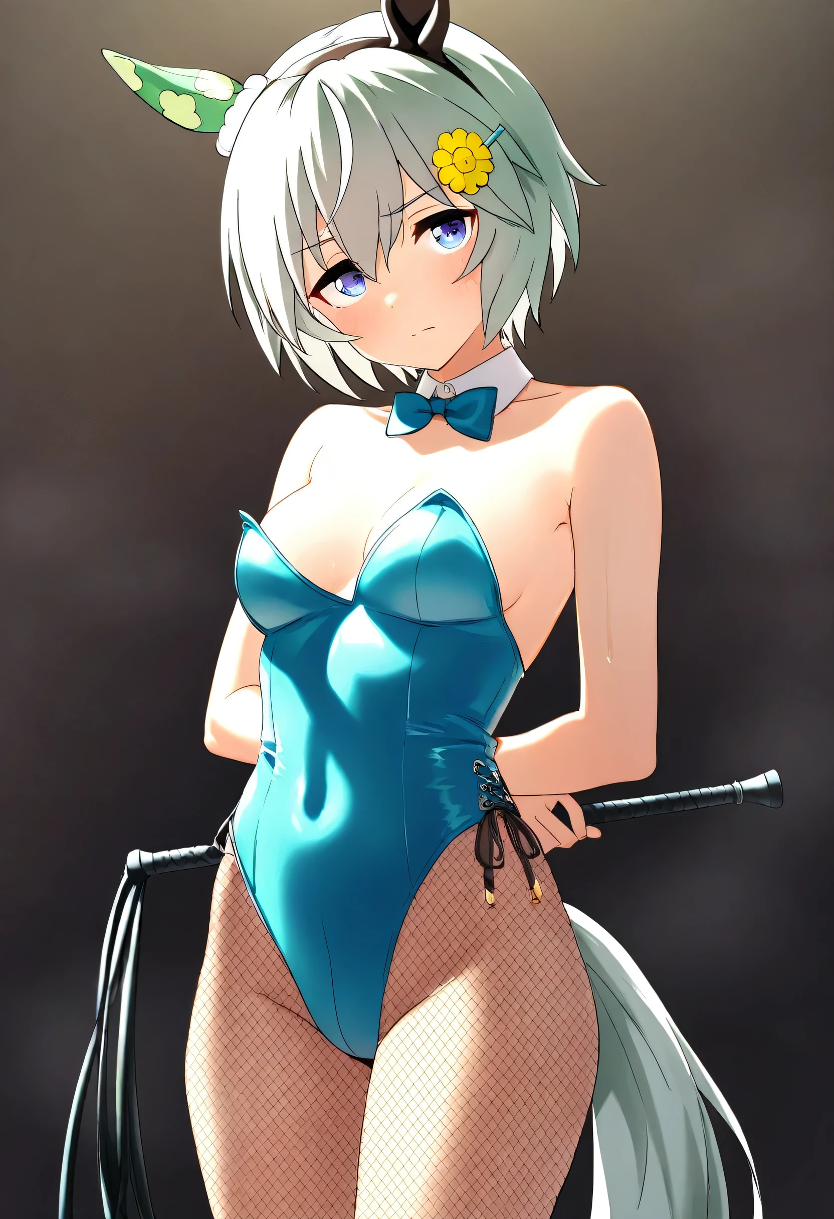 nsfw, ((1 girl)), cowboy shot, umamusume, seiun sky, short hair, hair between eyes, purple eyes, blue eyes, grey eyes, white hair, horse ears, green eyes, bangs, horse girl, grey hair, solo, light green hair, green hair, horse tail, animal ears, bare shoulders, blue playboy bunny, fishnet pantyhose , whip, holding whip,  arms behind back, body without discomfort, chest, small curvaceous, medium breasts, ((masterpiece)), (best quality), (absurdres), (ultra detailed), (very aesthetic)