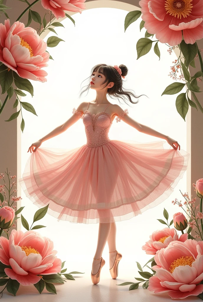 A beautiful illustration of a ballerina with large peonies and flowers, a full-body portrait, in light pink, with a fantasy style and a white background. Concept art in the style of Krenz Cushart, with an anime-inspired character design, in the style of Yoshitaka Amano, in the style of Atey Ghailan, and in the style of Alphonse Mucha, using digital art techniques, in the shape of an arch. 