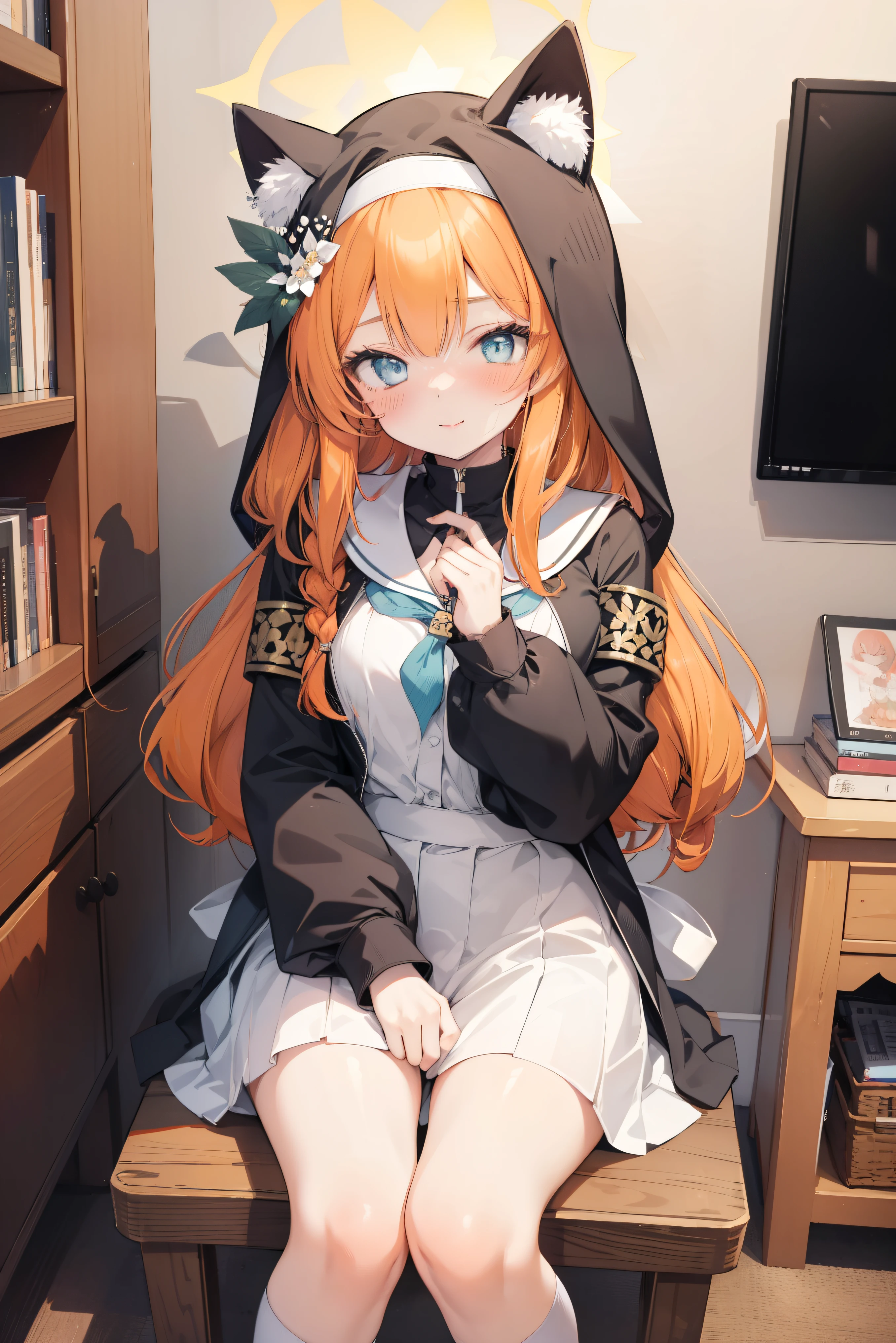 Marie Iraki 、 Cool girl (,  perfect face), independent ,  looking at camera, masterpiece,  anime art style,  in plain clothes,  most detailed,  High Quality 、Smiling face、Cat ears、 orange hair 、、 small breasts、uniform、Hooded、Association