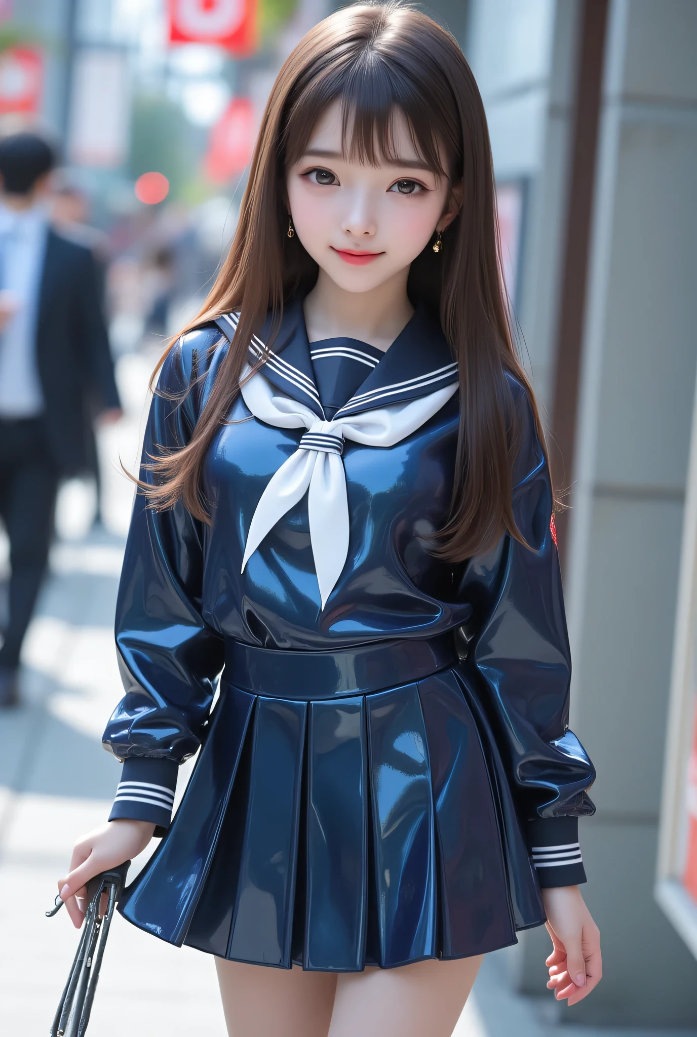 Araffe Asian Woman In A Blue Uniform Walking Down A Street - Seaart Ai