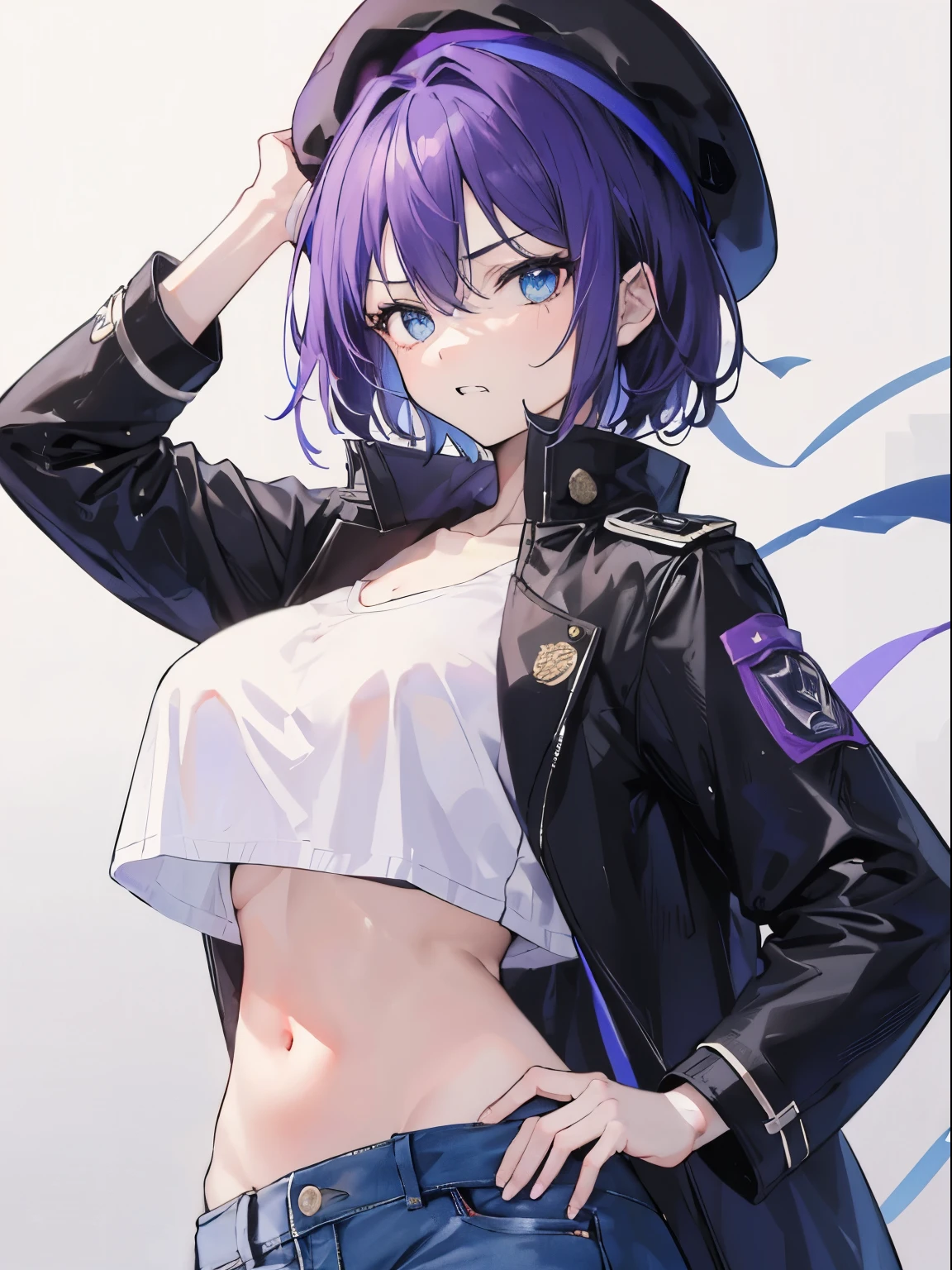 (serious, clenched teeth), 1 girl, upper body, (facing viewer, looking viewer), standing straight, (blue eyes, ((sanpaku)), (purple hair), straight hair, very short hair, large breast), ((black beret, black coat, white crop top, denim skirt)), collarbone, (gray background), Sharp Focus, (Best Quality, masterpiece, detailed, facial focus), (solo shot), navel, stomach, hand on own hips