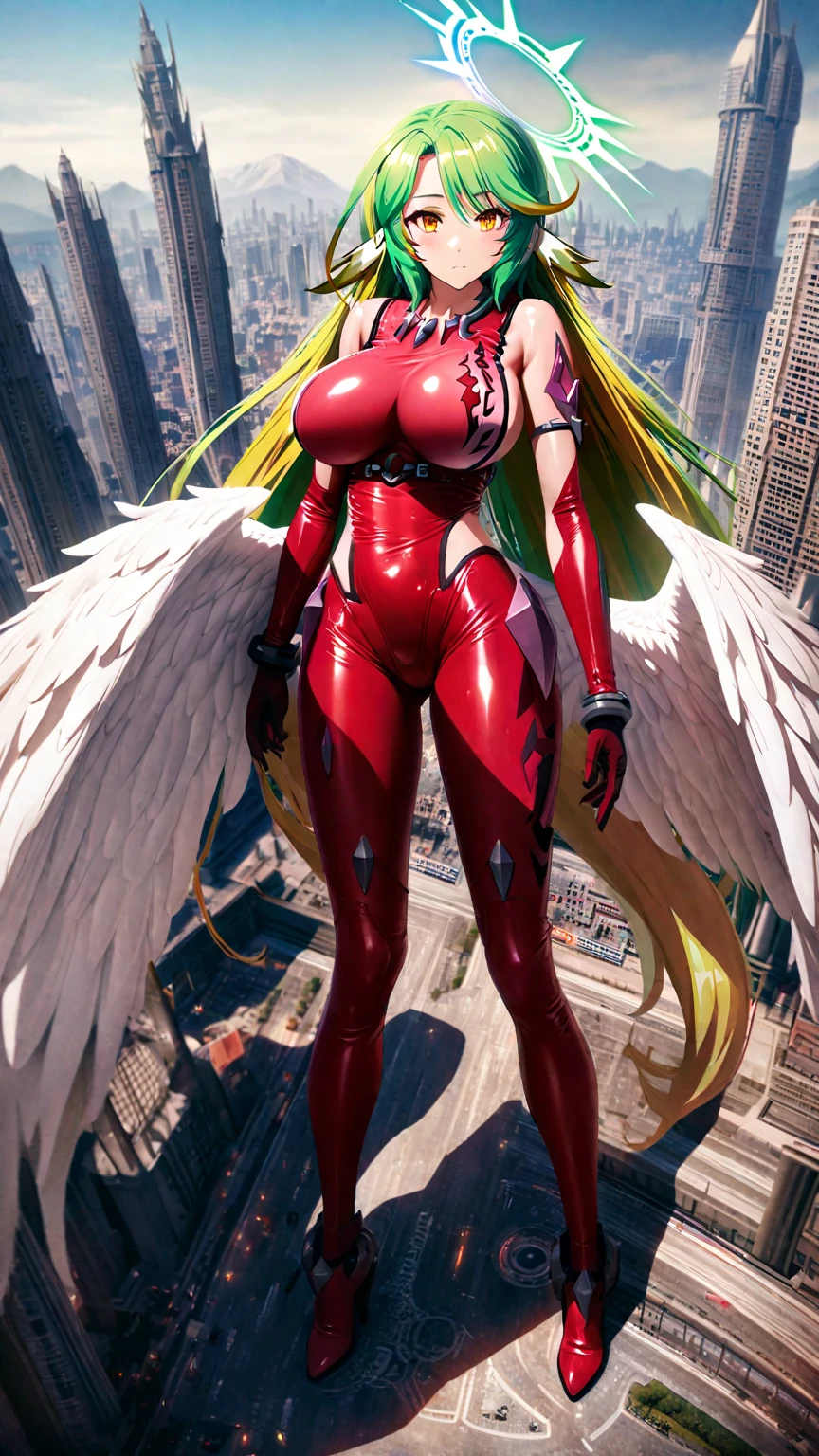 jibril,(big breast),(big white wing),(glamorous),full body,red latex bodysuit,shiny bodysuit,colorful hair,halo,sharp focus,extremely detailed CG,expressionless,(realstic),(mechanical ear),standing,girl towering over miniature city,giant girl,road,from above,daytime