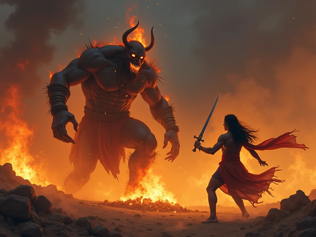 In 3D animation style:The cave walls shaking violently as Arjun defeats the demon. Rocks fall from the ceiling, and dust fills the air.
