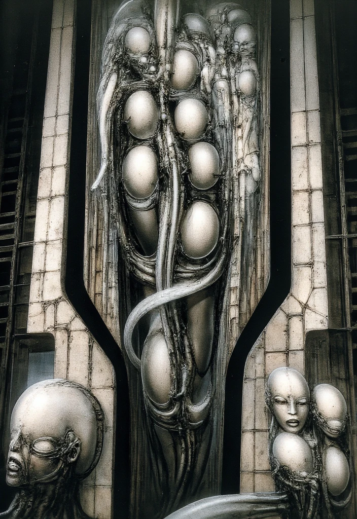 H. R. Giger's g1g3r, , Giger_style, H. R. Giger's g1g3r, , Giger_style, The image is a detailed view of H.R. Giger's \" Aleph (work 210) \" plate, featuring   vault , a surrealistic depiction digital artwork featuring a stone temple with pilots, with a human-like figure in the foreground. By giger in gigeresqe style  a prominent presence of the alien figure, which appears to be an extraterrestrial. By giger in gigeresqe style  (best quality:1.4), anatomically correct limbs, (Triadic:1.1), (Proportion:1.1),  , (Reflected light:1.2), Parchment, ultra detailed, intricate,, dry b (best quality:1.4), H.R. GIGER,  BY GIGER