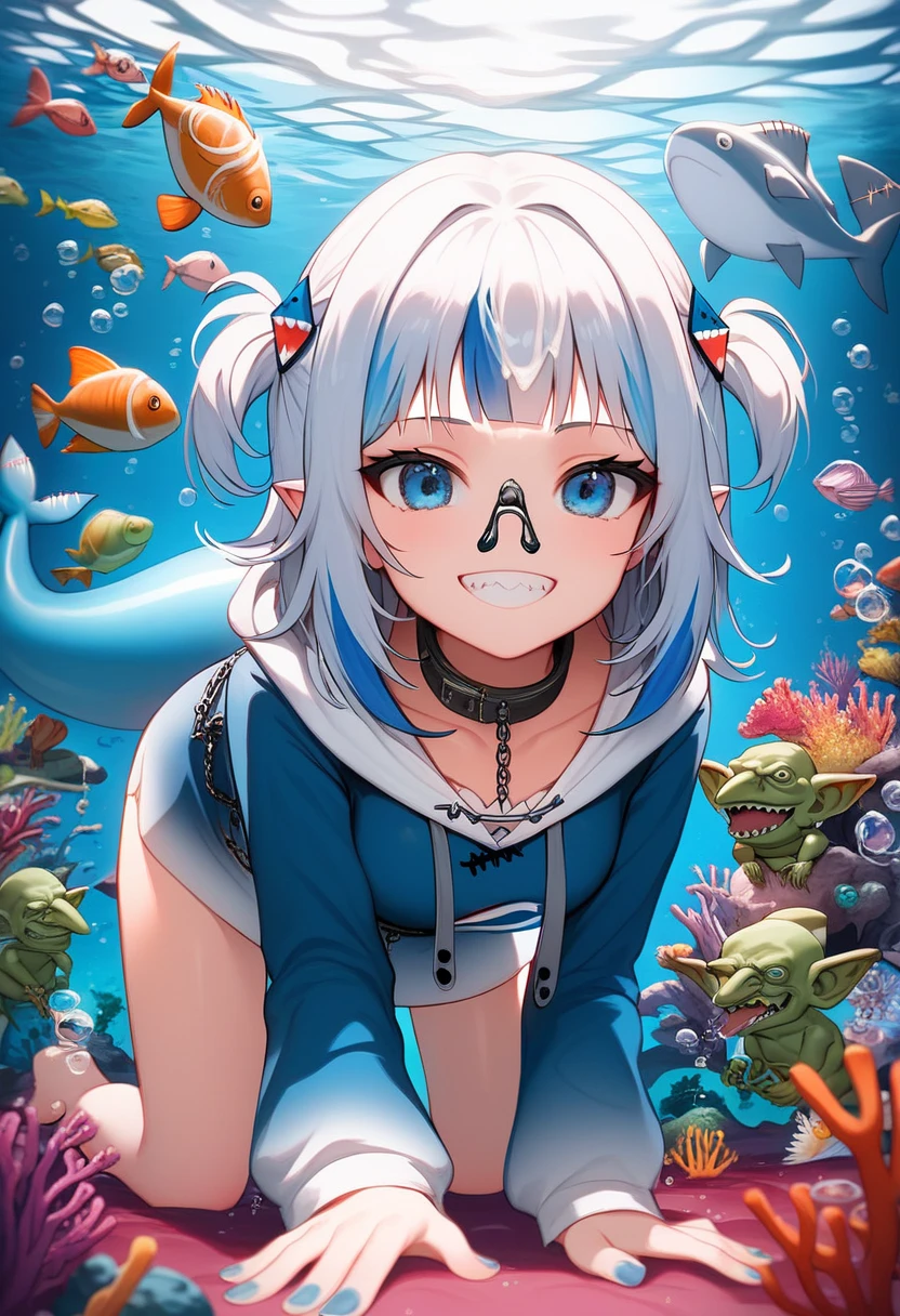 score_9, score_8_up, score_7_up,source_anime, high res image,masterpiece,best quality,girl,cute face,clear skin,shiny hair,ultra detailed eyes,1girl, virtual youtuber, tail, fish tail, blue eyes, teeth, fish, multicolored hair, claw pose, shark tail, hood, solo, smile, fins, blue hair, looking at viewer, blue nails, hair ornament, underwater, sharp teeth, blue hoodie, streaked hair, clownfish, shark girl, hoodie, bubble, long sleeves, grey hair, two side up, shark hair ornament, grin, air bubble, nail polish, medium hair, tropical fish, blunt bangs, cowboy shot, coral, collarbone, drawstring, hands up, hood down , masterpiece, (((goblinriding, a goblin is riding a girl))), goblin, mutiple goblins, goblins, (((all fours))), 1girl, (dress:1.1), (nose hook), reins, collar, chain, rope, obey, happy trance, smile, expressionless, emotionless, blank eyes, empty eyes, mind control, hair ornaments, long hảir , blue hair, hair ribbon, blue eyes, medium breast ,goblin gangbang, huge penis, torn clothes , ho****ve , cum on body, Gawr Gura , anime style, 4k , high quality , goblin , group of goblin