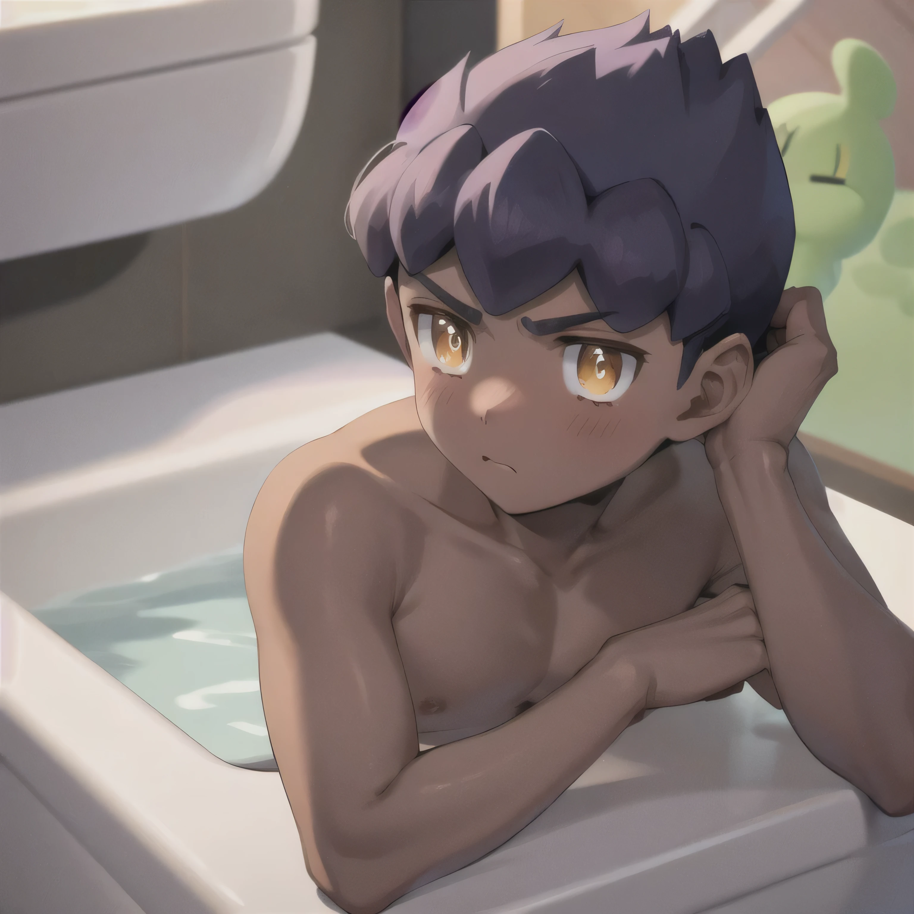 masterpiece, Best Quality,  One Boy , hop \( Pokémon\), Purple Hair,   short hair,  yellow eyes, Dark Skin, Alone, blush,Completely naked,toilet