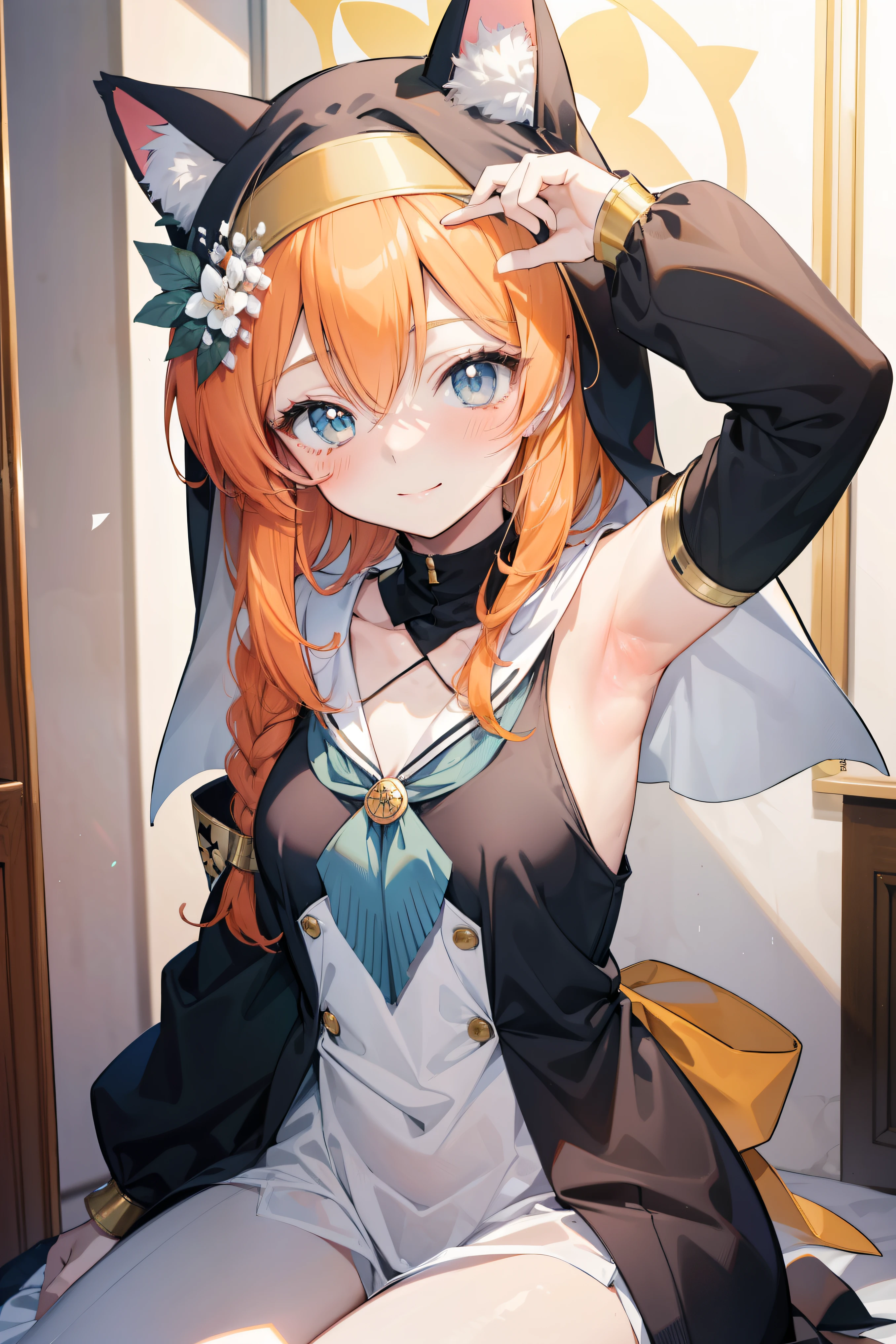 Marie Iraq、 Cool girl (,  perfect face), independent ,  looking at camera, masterpiece,  anime art style,  in plain clothes,  most detailed,  High Quality 、Smiling face、Cat ears、 orange hair 、、 small breasts、uniform、Hooded、Association、Sideshow