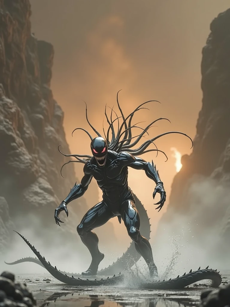 <lora:MTMSImagineComicsStyleV2Lora:0.8> mtms, darkness, a man with black hair and a silver mask fighting monster, green, yellow, silver, armor, spikes, tendrils, with a bunch of monster