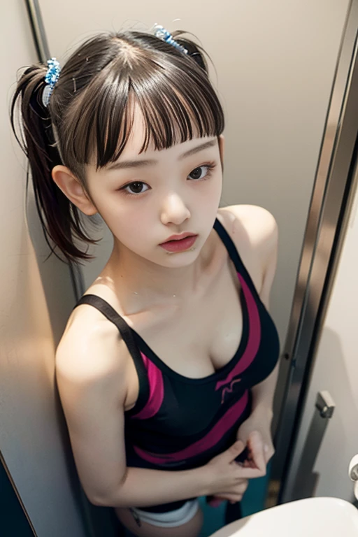  Japanese woman closes her eyes、Fluffy,  sensual expression,(8k,  RAW photo,   best quality), dramatic,(Realistic, photo-Realistic:1.37),（  sleeveless:1.5), CG in detail,  wallpaper, Skillfully Crafted Face ,  Had、 colorful hair 、  tongue、Old toilet cubicle、  small silver doorknob  、 small breasts、 small breastsの谷間、 tank top 、 View from above 、  anatomically accurate, 