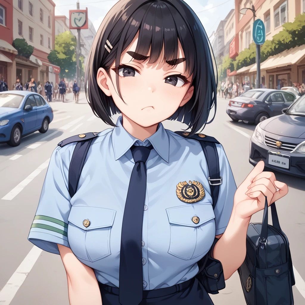 (best quality),(high resolution),crowded street,pov,from front,zoom out,1 girl,police uniform,petite frame and large breasts,black hair and bob cut,black eyes and Thick eyebrows,scowl