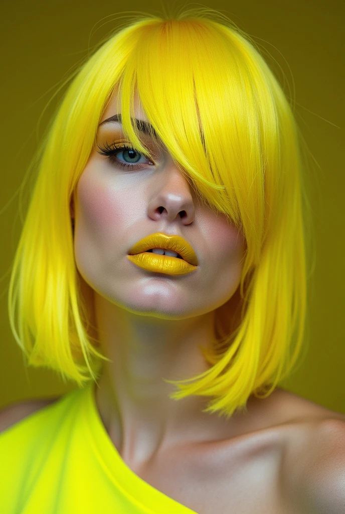 russian mature, yellow hair, one shaved sides hair, yellow blue eyes, big pump silicone lips, yellow lipstick neon dress My yellow one side hair falls across my face, partially obscuring my vision