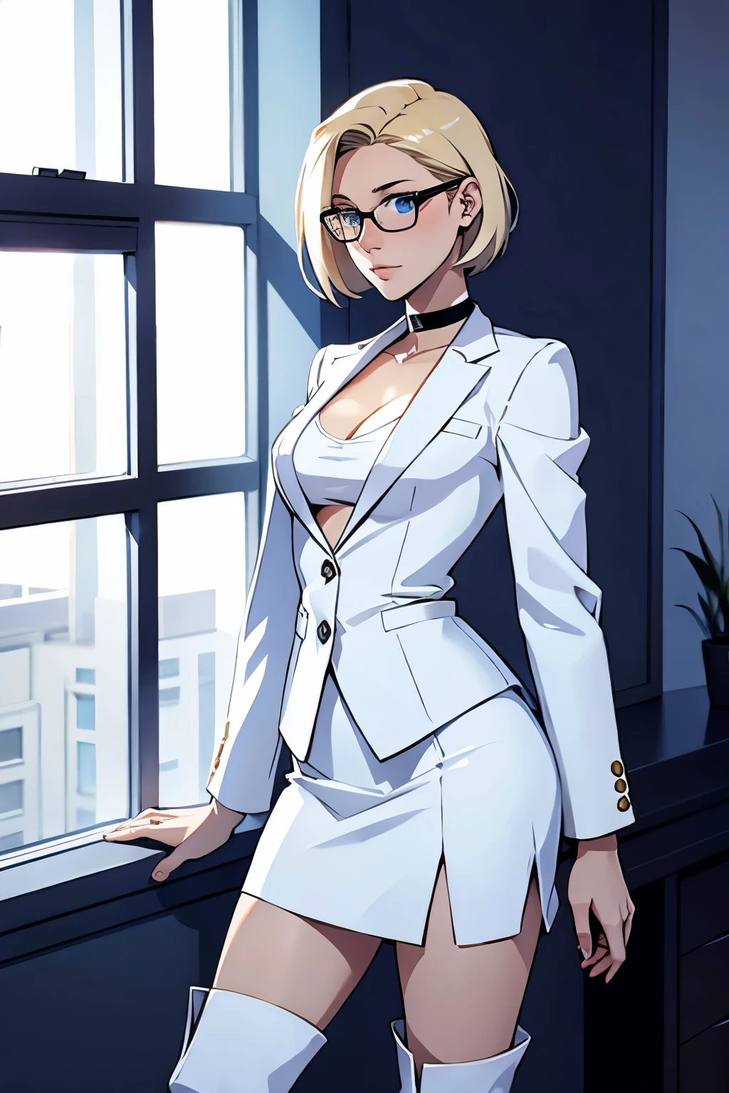 female, short straight blonde hair, blue eyes, white suit jacket, white skirt, long white high heel boots, black choker, no t shirt, medium boobs, glasses, blushing, in front of a window