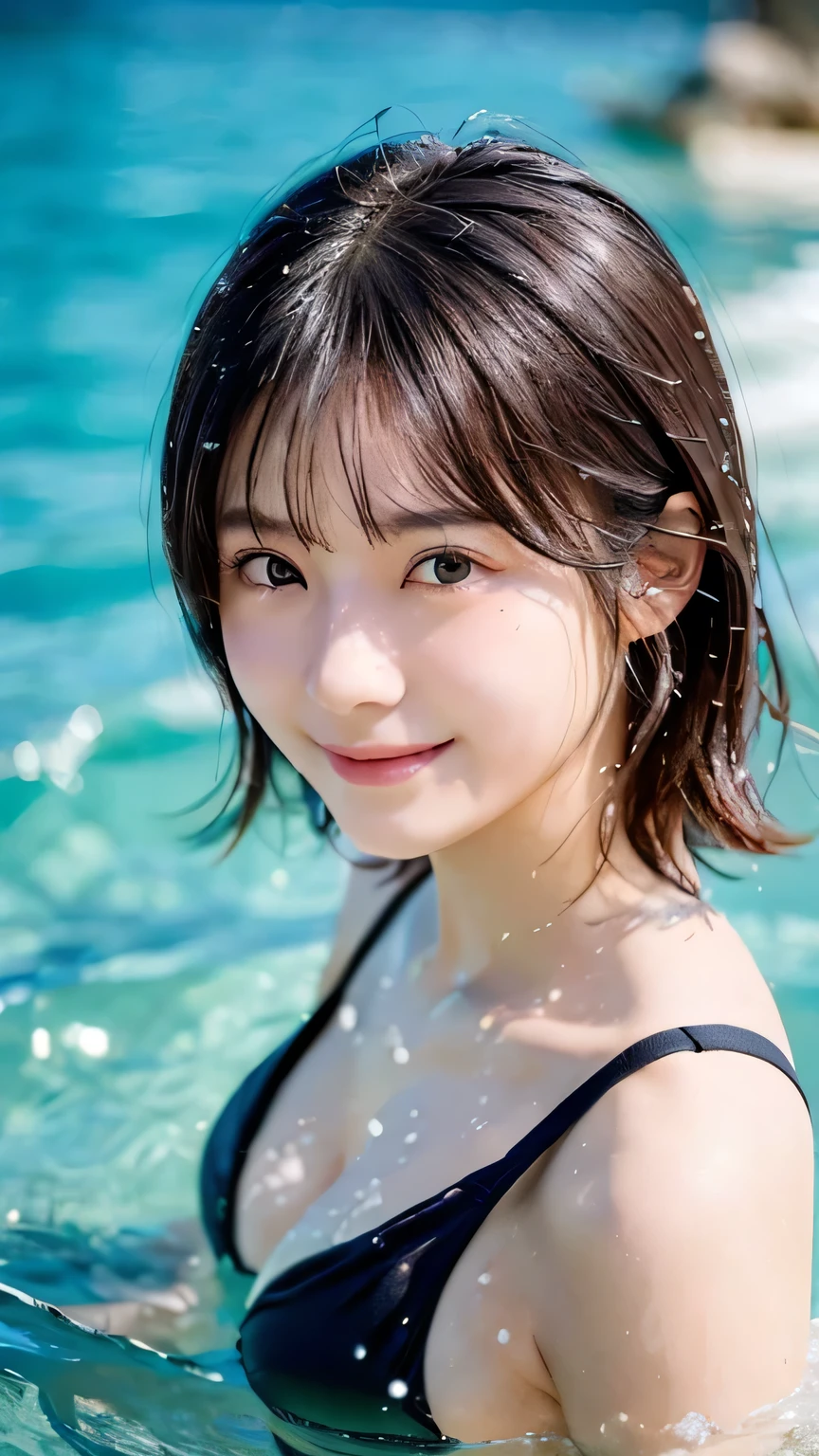 (Highest quality,masterpiece:1.3,Ultra-high resolution),(Very detailed,Caustics,8K),(Realistic:1.4,RAW shooting),(Smiling girls splashing water on each other),Japanese,18-year-old,cute,Black Short Hair,(big ),Bikini Swimwear,(Face Focus),(Face close-up),(Bust up shot),(Low position),(Low Angle),Clear and beautiful sea,Beach,sun,strong sunlight,Lens flare,Natural light,Professional Writing