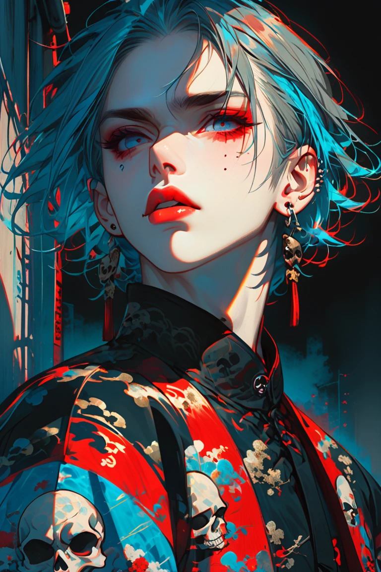 masterpiece, distinct_image, high_resolution, 1boy, unfinished, sky_blue_hair, short_hair, bluntbangs, gradient_hair, Nose_piercing, long_eyelashes, gray_eyes, red_lips, sukajan, stick_out_tongue, Skull_earrings, alley, pretentious_face,