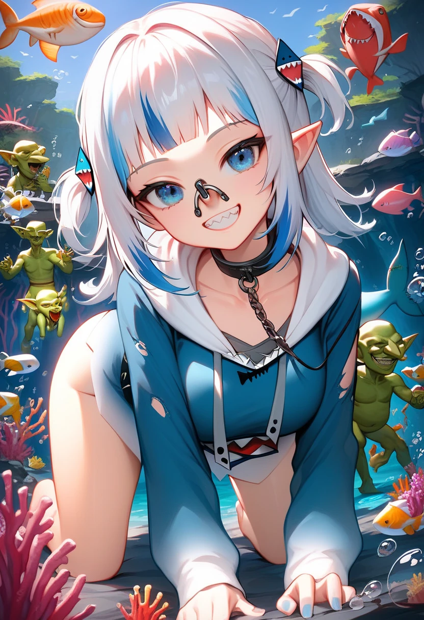 score_9, score_8_up, score_7_up,source_anime, high res image,masterpiece,best quality,girl,cute face,clear skin,shiny hair,ultra detailed eyes,1girl, virtual youtuber, tail, fish tail, blue eyes, teeth, fish, multicolored hair, claw pose, shark tail, hood, solo, smile, fins, blue hair, looking at viewer, blue nails, hair ornament, , sharp teeth, blue hoodie, streaked hair, clownfish, shark girl, hoodie,  long sleeves, grey hair, two side up, shark hair ornament, grin, air bubble, nail polish, medium hair, tropical fish, blunt bangs, cowboy shot, coral, collarbone, drawstring, hands up, hood down , masterpiece, (((goblinriding, a goblin is riding a girl))), goblin, mutiple goblins, goblins, (((all fours))), 1girl, (dress:1.1), (nose hook), reins, collar, chain, rope, obey, happy trance, smile, expressionless, emotionless, blank eyes, empty eyes, mind control, hair ornaments, long hảir , blue hair, hair ribbon, blue eyes,huge breast ,goblin gangbang, huge penis, torn clothes , ho****ve , cum on body, Gawr Gura , anime style, 4k , high quality , goblin , group of goblin