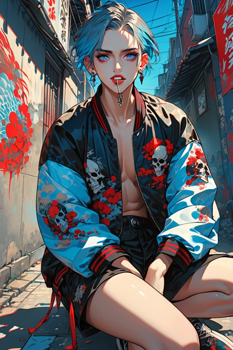 masterpiece, distinct_image, high_resolution, 1boy, unfinished, sky_blue_hair, short_hair, bluntbangs, gradient_hair, Nose_piercing, long_eyelashes, gray_eyes, red_lips, sukajan, stick_out_tongue, Skull_earrings, alley, pretentious_face, spread_legs