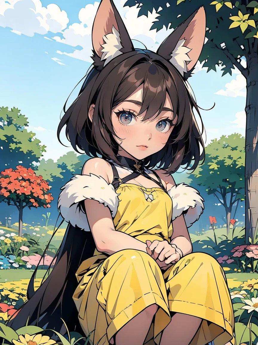 score_9,score_8_up,score_7_up, dappled light, 1girl, catgirl, nekomimi, cat ears, cat tail, white sundress, black hair, red eyes, playful smile, w-sitting, wariza, sitting under a tree in the grass, collar with a bell, hair ornament, bracelet,