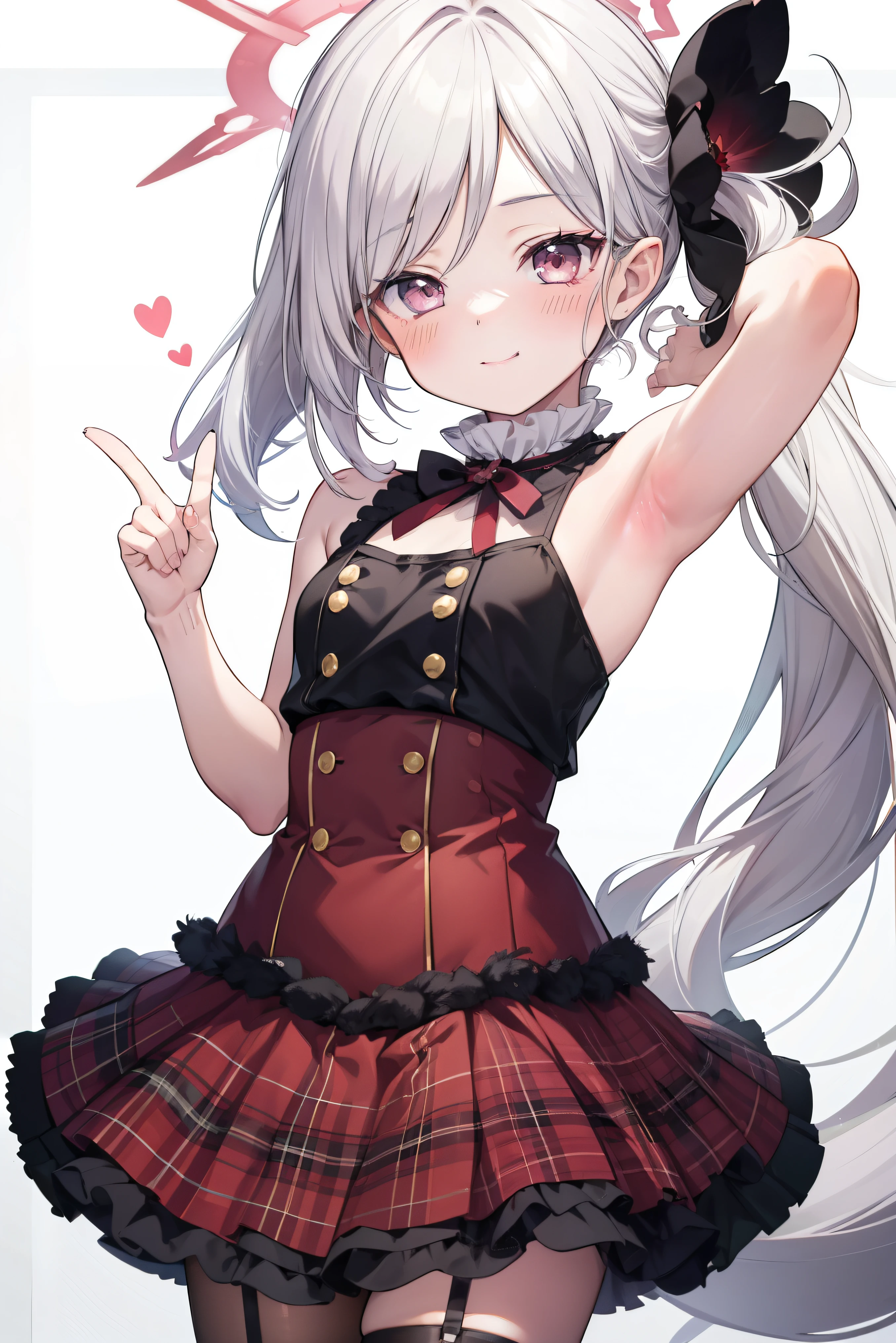 Asahi Mutsuki、 Cool girl (,  perfect face), independent ,  looking at camera, masterpiece,  anime art style,  in plain clothes,  most detailed,  High Quality 、Smiling face、 armpits、  silver hair、 Side Ponytail 、 small breasts、