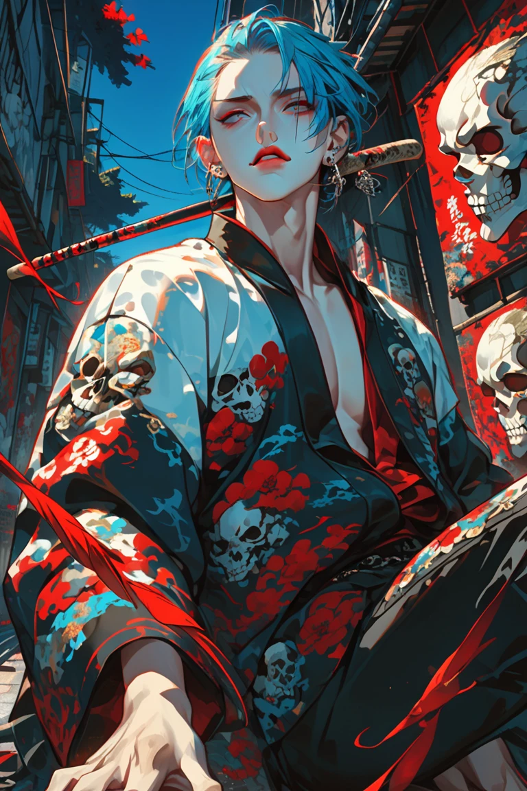 masterpiece, distinct_image, high_resolution, 1boy, unfinished, sky_blue_hair, short_hair, bluntbangs, gradient_hair, Nose_piercing, long_eyelashes, gray_eyes, red_lips, sukajan, stick_out_tongue, Skull_earrings, alley, pretentious_face, spread_legs, male focus