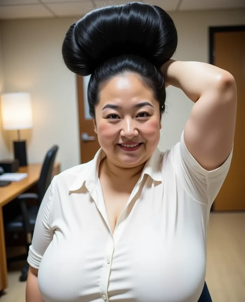 8k,Highest quality, masterpiece, Ultra-high resolution,(masterpiece:1.6, Highest quality), Intricate details, 1 female, Middle-aged woman in her 50s, japanese, full body, Arm up, top of head,((jet Black Hair)) ,(An gigantic hair bun, A huge hair bun:1.５)), ((forehead:1.5)), Extremely obese, Fat face,round face,Saggy face, crow's feet wrinkies, ((super huge breasts, super gigantic breasts:1.5)), ((super Saggy breasts:1.5)), pale skin, shiny skin, white collared shirt , navy blue skirt,White pumps,（Mature woman undoing her huge hair bun:1.2), night office