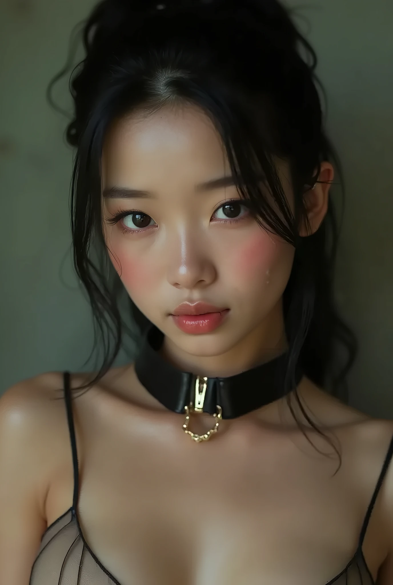 Kim Jennie with black hair, with curlers at the ends, brown eyes, pretty eyes, crying eyes, pretty, upturned nose, watery nose, pretty lips, pink lips, heart and cupid shaped lip, beautiful skin, pale white skin, with moles and freckles all over his face, soft pink blush on cheeks, soft pink makeup, Nice neck, marked collar, tender look, with a kiss necklace, while wearing a corset, corset blanco, bonito corset, while having a slim and beautiful abdomen, while wearing underwear, tiny underwear with white corset, (big breasts, soft breasts, beautiful breasts), while doing a sexy pose, village, looking to the camera
