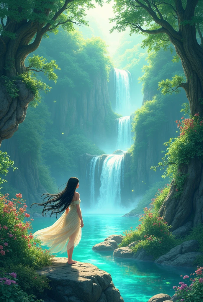 (best quality,4k,8k,highres,masterpiece:1.2),ultra-detailed,(realistic,photorealistic,photo-realistic:1.37)A whimsical, dreamlike artwork that combines elements of a "Waterfall Shower Girl Cave" with fantasy. The cave is nestled beneath a towering mushroom canopy, and the waterfall is a shimmering ribbon of liquid stardust. Inside the cave, a girl with wings bathes under the enchanting cascade, surrounded by fireflies
